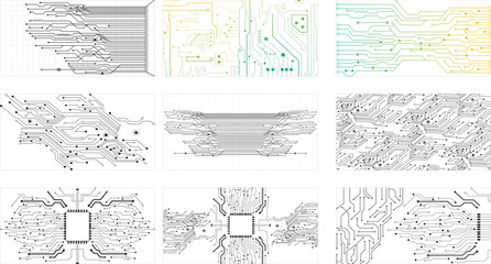 Set of abstract black circuit lines and nodes on white background, ideal for tech, electronics, and digital. 
