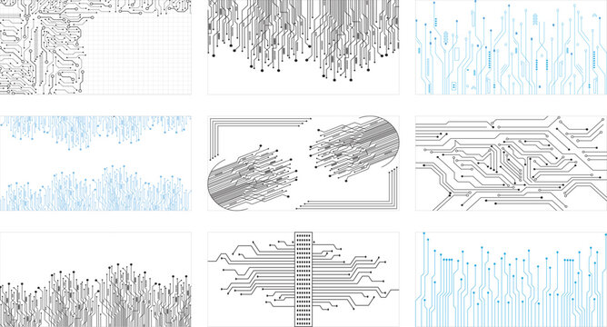 Collection of nine technology circuit board background. Vector eps10 