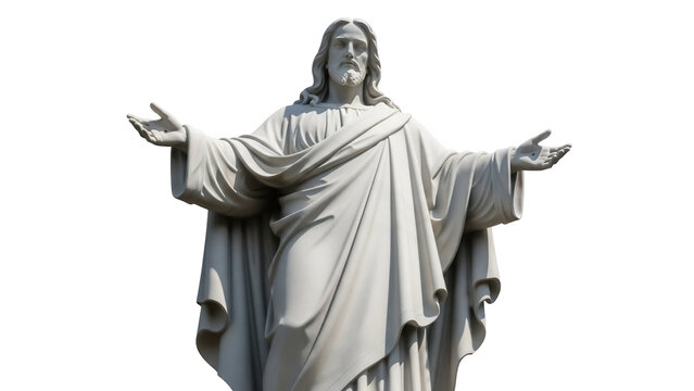 Statue of Jesus Christ with open arms isolated PNG, religious sculpture on transparent background, symbol of faith and Christianity