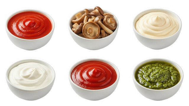 Six bowls of condiments isolated on transparent background