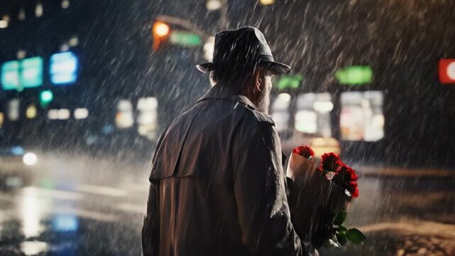 Romantic Rendezvous - Man with Roses in Rainy City Night.