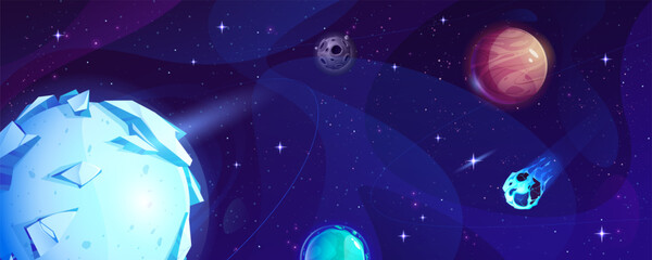 Cartoon space universe background with planet