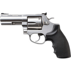 Silver revolver with a black grip on a black background image.
