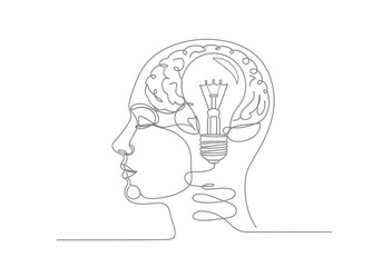 Continuous line drawing of a human head with a lightbulb inside the brain representing ideas and innovation