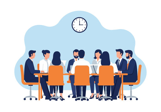 A group of business professionals sitting around a table in a meeting room with a clock on the wall behind them