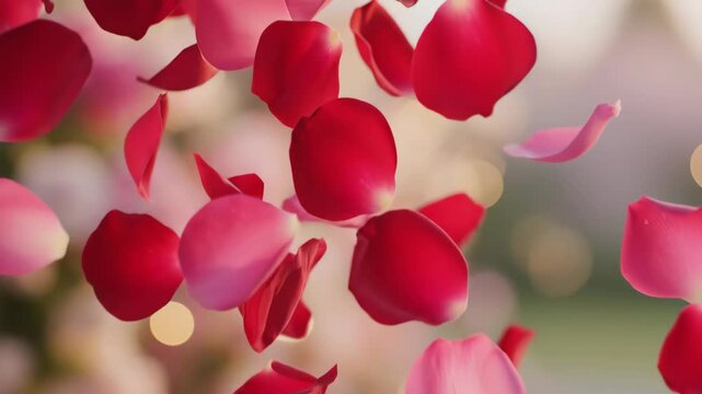 Romantic bright red and delicate pink rose petals gently falling with soft blurred bokeh lights