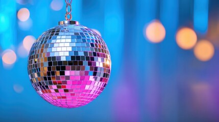 Fototapeta premium Shiny disco ball reflection, party lights, 70s retro dance background, night club vibes