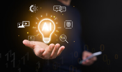 Artificial intelligence concept. Man with smartphone holding glowing AI lightbulb surrounded by icons of everyday application. Technology solution, creative innovation, prompt generation, smart idea.