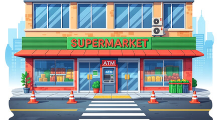 Naklejka premium A vibrant supermarket building with an ATM entrance surrounded by traffic cones on a busy city street daytime view