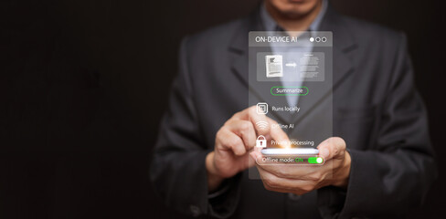 On-device AI technology with secure offline summarization. Private data processing, artificial intelligence runs locally for cybersecurity and digital privacy. Man with smartphone using embedded Ai.