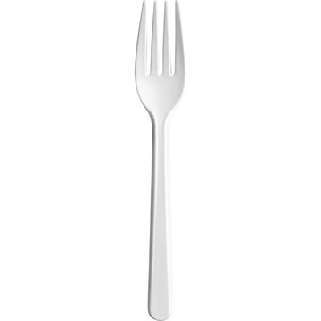 A single, white, disposable fork on a stark black background.