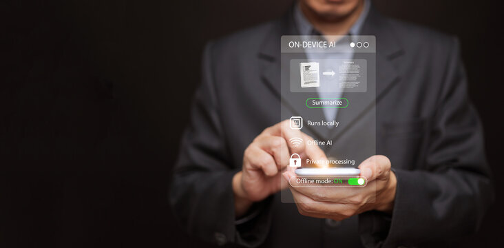 On-device AI technology with secure offline summarization. Private data processing, artificial intelligence runs locally for cybersecurity and digital privacy. Man with smartphone using embedded Ai. - Powered by Adobe