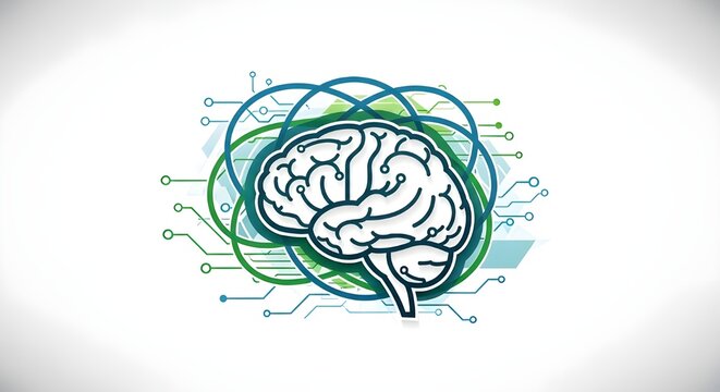 Brain illustration with mathematical equations and swirling patterns - Powered by Adobe