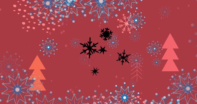 Animation of snow falling over christmas decoration and pattern