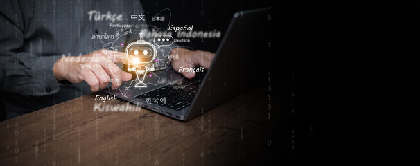 Artificial intelligence chatbot translation concept with businessman on laptop and robot with multiple world languages. Global multilingual communication and digital translating AI technology.