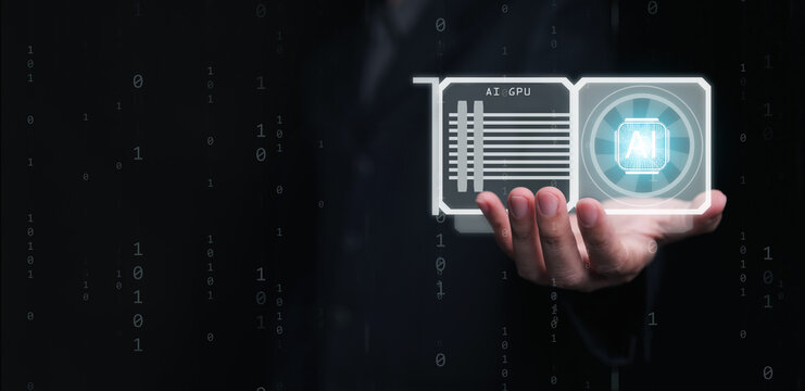 AI GPU concept. A man holds glowing graphics processing unit with artificial intelligence chip. Advanced computing power, high performance display tech, acceleration, and digital technology.