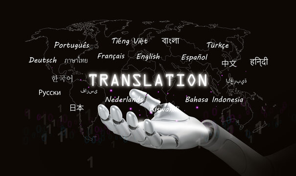 AI translation concept. Robot hand, digital world map, and multilingual texts, representing artificial intelligence, smart translating communication, and global interpreting technology.