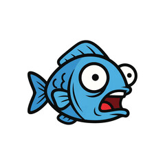 A cartoon blue fish with a shocked expression swimming in water viewed from the side