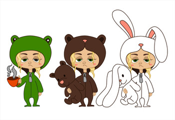Fototapeta premium Set is a girl dressed as a bear, a frog, and a bunny. A cute character. Good morning. Sleepy mood.
