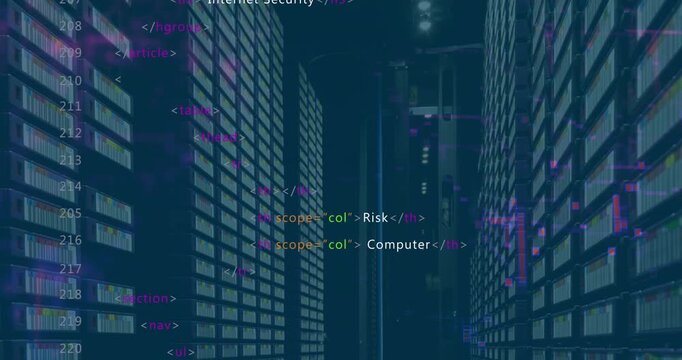 Digital animation of binary coding data processing over computer servers against blue background