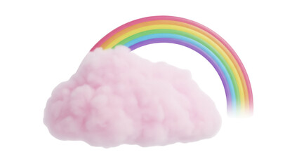 Fluffy pink cloud with rainbow PNG isolated on transparent background, whimsical design element for...