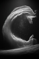 黒い背景に浮かぶ微細な塵の雲、暗雲が織りなす光と影