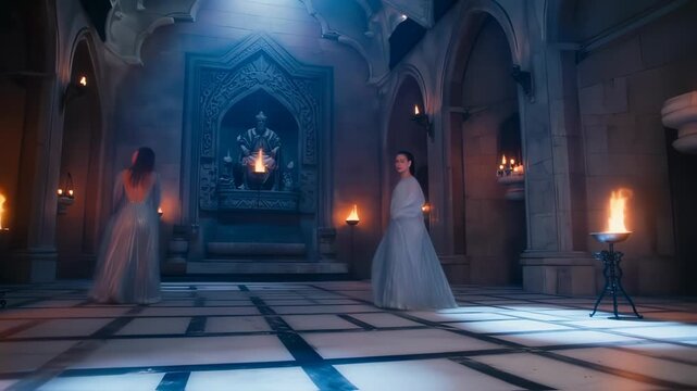 Elegant women in flowing gowns walking through a medieval, torch-lit hall