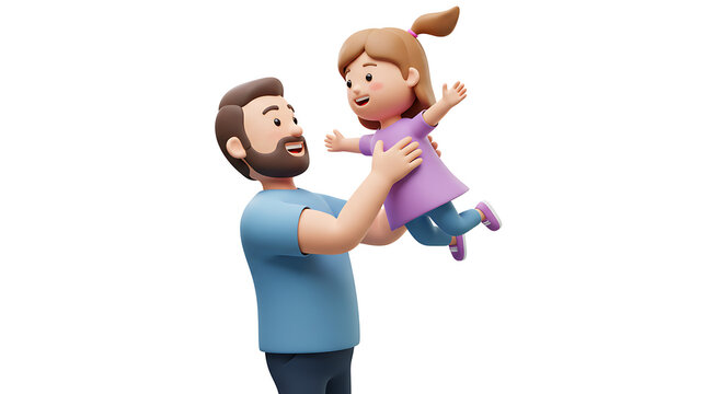 Father lifting joyful daughter in purple dress, digital illustration of playful moment