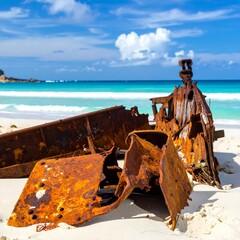 Rusty shipwreck on a white sandy beach, turquoise ocean, blue sky and puffy white clouds in the background