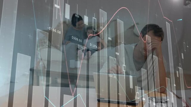 Animation of graphs moving over caucasian man frustrated over pending bills at home