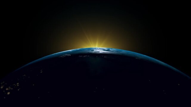 Cinematic Sunrise Over Earth Horizon from Space with Golden Planet Glow and Solar Flare