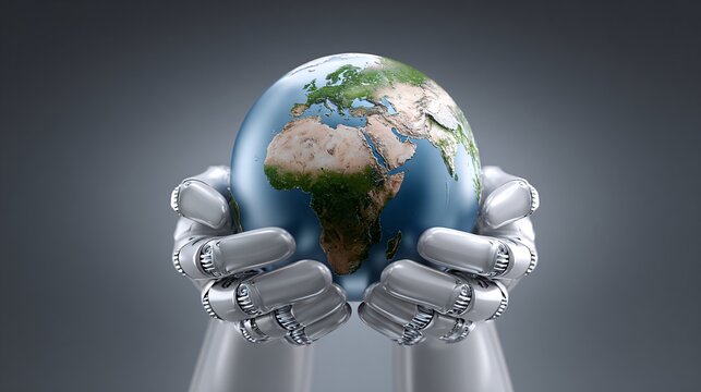 A 3D earth as a giant toy marble, being held by 3D robot hands, sustainability concept, surreal silliness, copy space