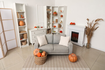 Naklejka premium Living room interior with grey sofa, shelving units, fireplace and wicker baskets of different pumpkins