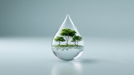 Obraz premium 3D water droplet containing a miniature 3D forest inside, surrealism, high-end 3D render, soft lighting, copy space