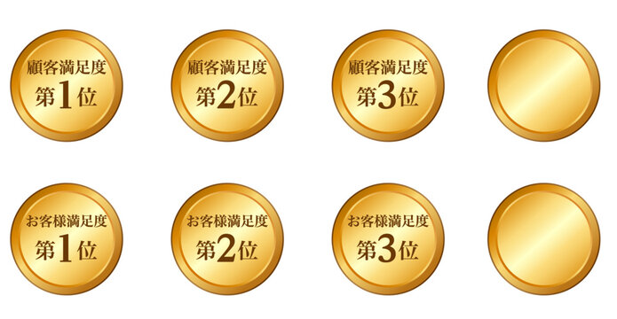 落ち着いた色合いの顧客満足度／お客様満足度の円形評価アイコンセット（シンプルなゴールドデザイン・順位テキスト入り）