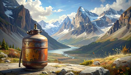 Rusty tank sits atop a cliff overlooking a scenic valley, distant snow capped mountains and sunny blue skies