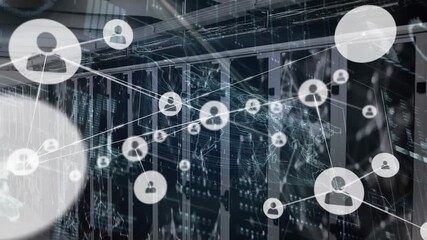 Animation of network of profile icons and interface with data processing against server room - Powered by Adobe