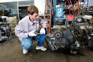 Mechanic is working diligently in a cluttered workshop surrounded by auto parts
