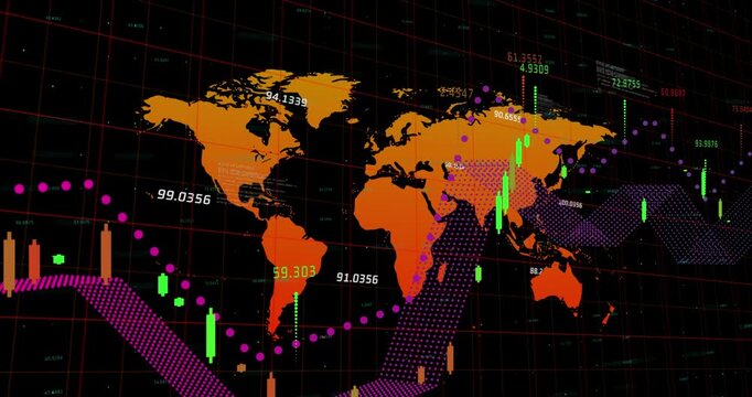Animation of financial data processing over world map against black background