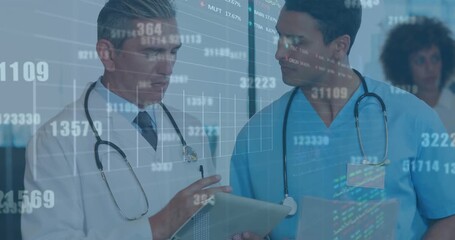 Animation of numbers, trading boards, graphs over diverse doctors examining patient reports - Powered by Adobe