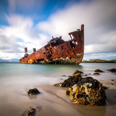 Rusty shipwreck rests on a sandy beach under a cloudy blue sky, ocean water swirling softly