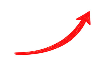 Red hand-drawn arrow pointing up, symbolizing growth, success, progress, and increasing trend with transparent background