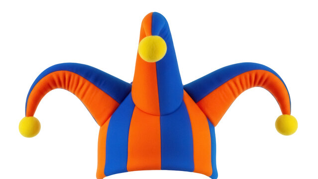 Striped jester hat PNG isolated on transparent background, blue and orange fool cap with yellow pom poms for party and costume design