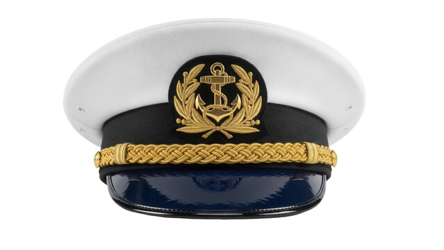 White captain s hat with gold anchor emblem isolated PNG, maritime uniform for navy officer or yacht skipper on transparent background