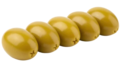 Fototapete Rund Mediterranes Europa Five green olives isolated PNG on transparent background, delicious Mediterranean appetizer and ingredient for healthy cooking  © Nina