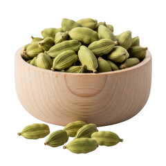 Wooden bowl filled with green cardamom pods isolated on transparent background