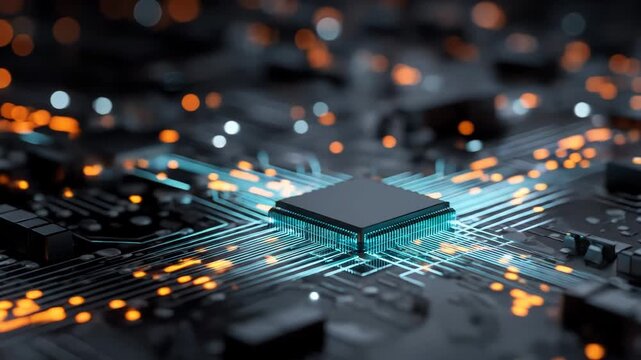 Artificial Intelligence Chip Processing Data on Futuristic Circuit Board