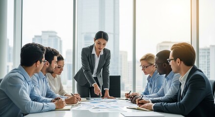 Fototapeta premium Confident businesswoman presenting data to diverse team in modern office