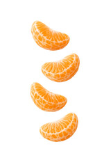 Fruit citrus tangerine mandarin segments falling isolated on transparent background showing fresh peeled orange slices in motion for food design advertising packaging digital projects branding creativ
