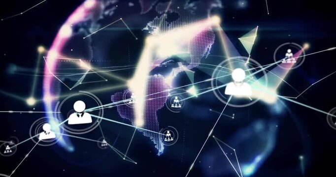 Animation of network of connections with icons over globe
